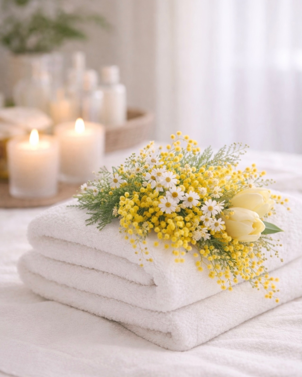 Teli puliti con mimose e camomilla, preparazione della cabina rituali di Eden